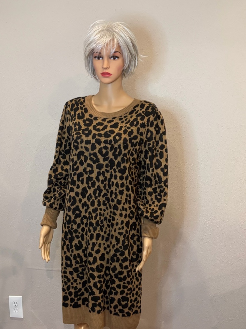 Time and Tru Brown and Black Leopard Knit Asymmetrical Sweater Dress